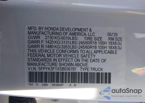 2025 Honda Ridgeline Sport из США, поврежденный, VIN 5FPYK3F1XSB036787